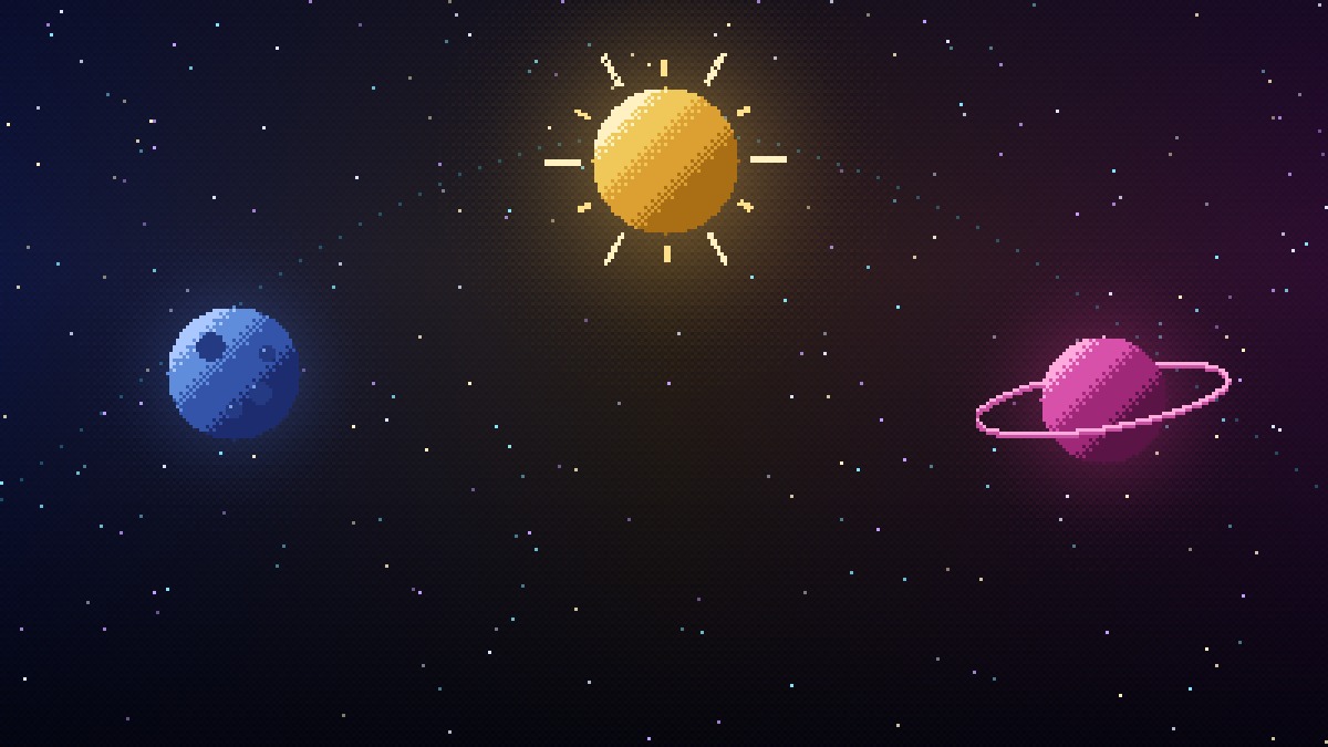 A blue cratered moon, a golden sun with pixel rays and a magenta ringed planet in a dark pixel-art sky