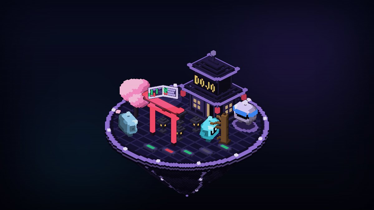 The Journal dojo island with a red torii and a cherry tree
