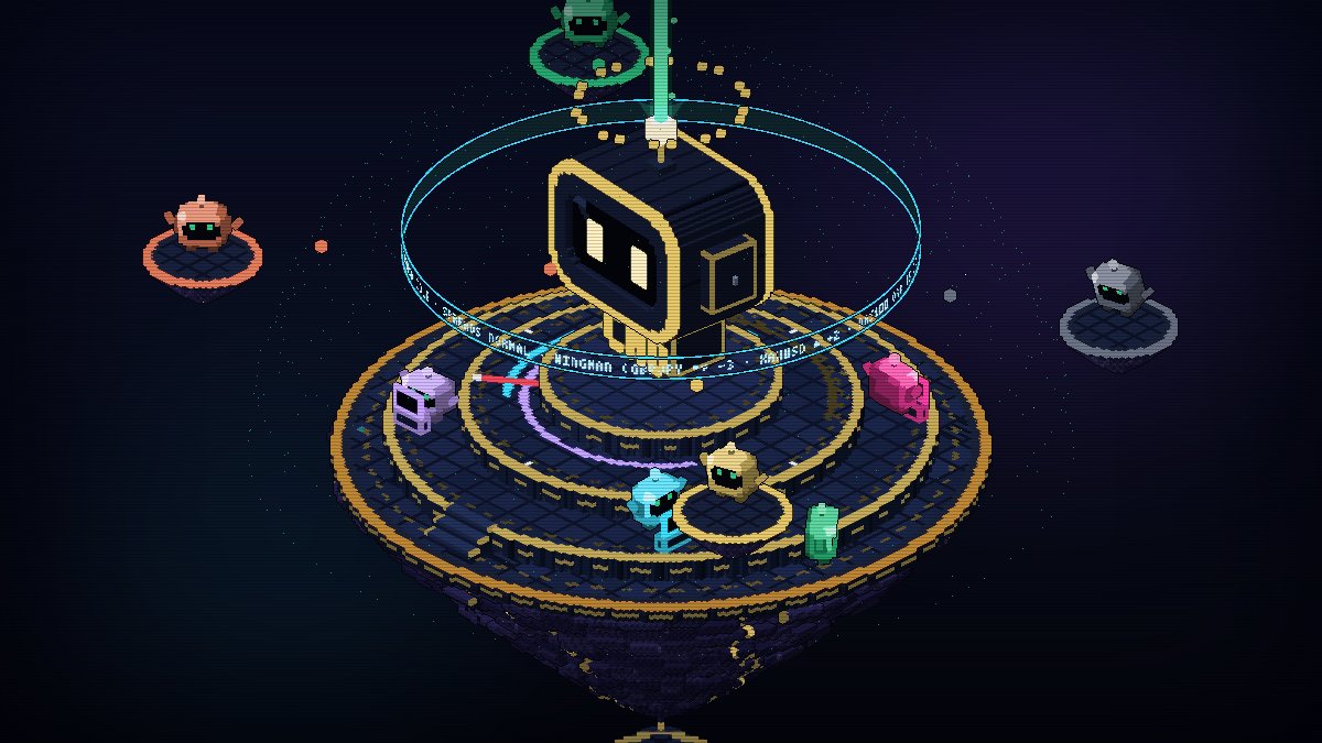 Wingman HQ as an isometric pixel-art island, with mini Wingmans at their workstations and a session ring around the top