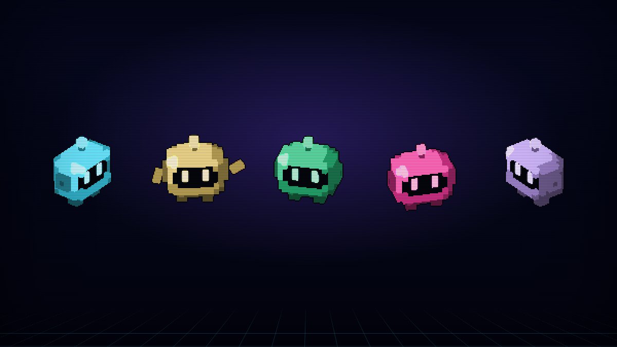 Five mini Wingmans in cyan, gold, green, magenta and violet
